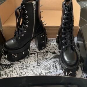 Dolls Kill Black Lace-Up Platform Boots with Spikes